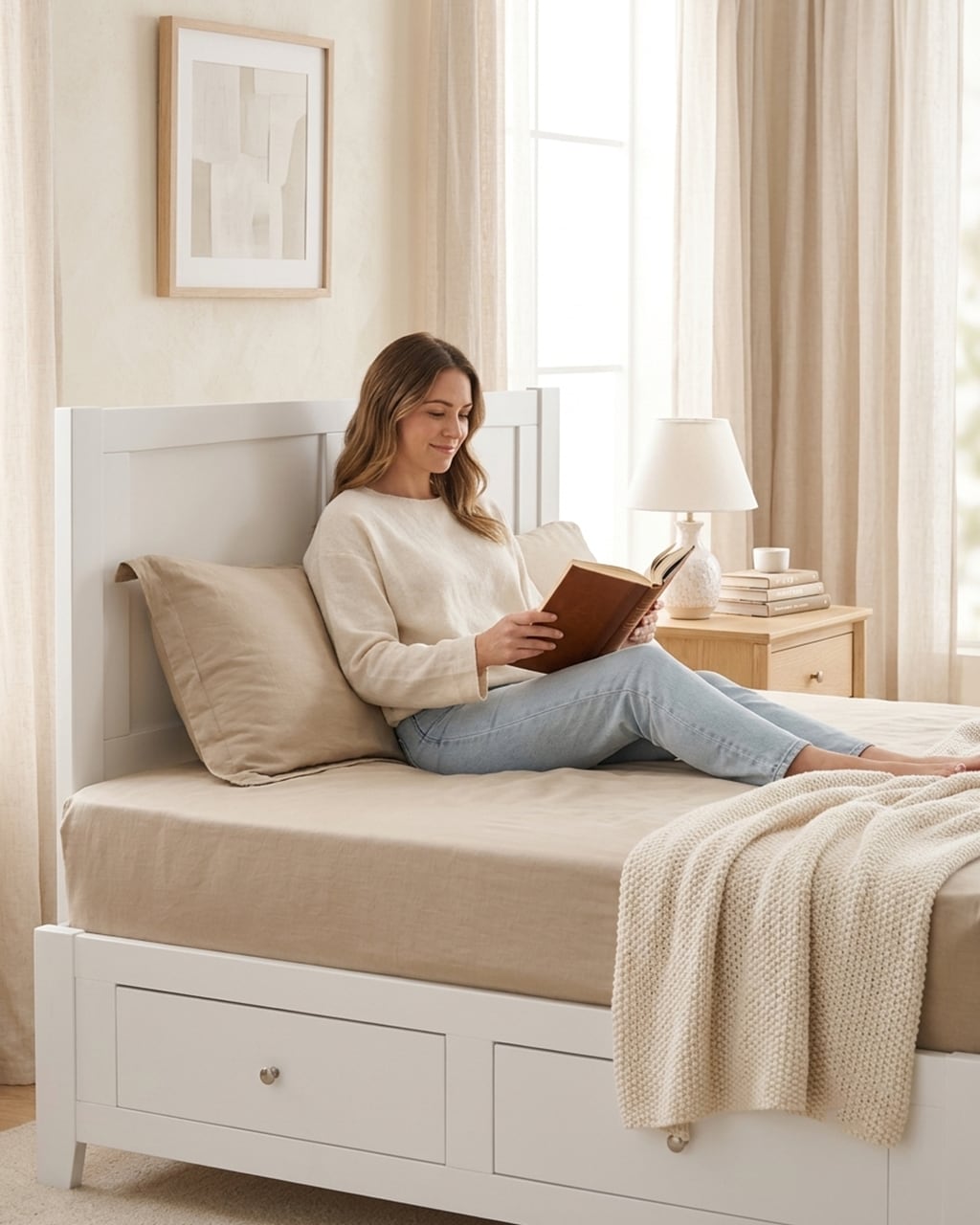 A woman reading in bed in soft morning light