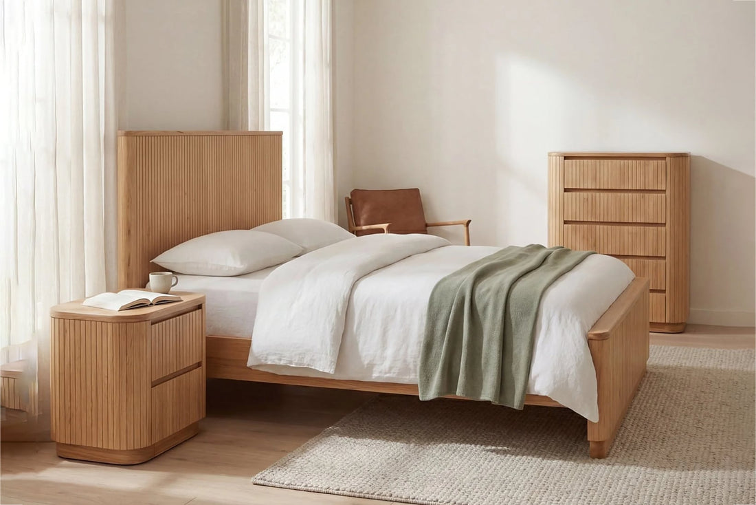 Bed frames in a styled bedroom