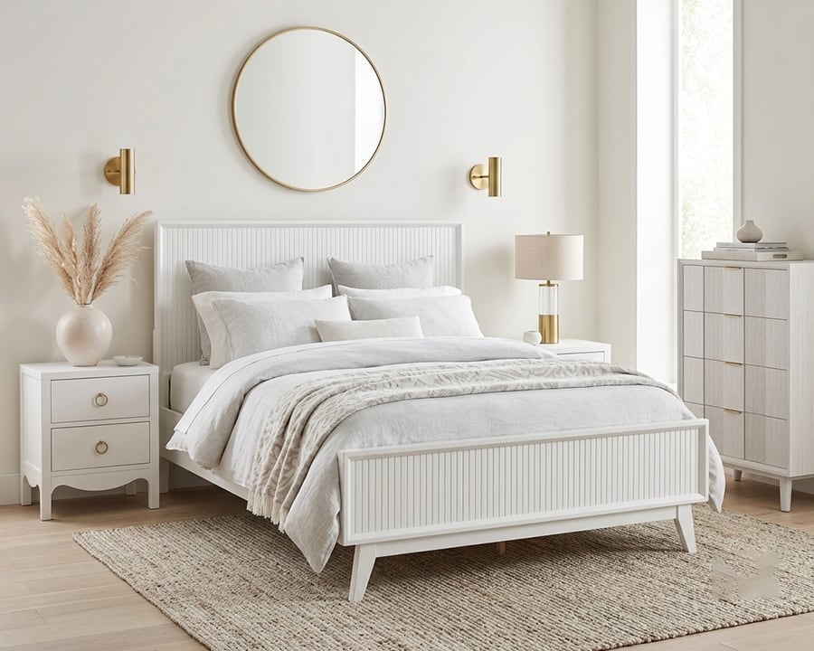 White panelled bed frame with matching bedside table and tallboy